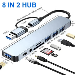 8 in 2 Type C HUB Docking Station USB Micro SD Card Reader with 3.5mm Audio Jack Adapter Laptop Tablet Phone Disk Converter