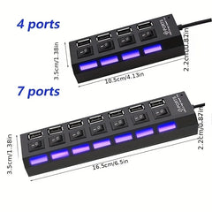 7 Port with LED Light USB 2.0 Adapter Hub with Independent Power on Off for Computers Tablets Laptops Supports Data Transmission