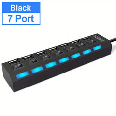 7 Port with LED Light USB 2.0 Adapter Hub with Independent Power on Off for Computers Tablets Laptops Supports Data Transmission