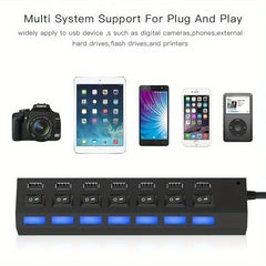 7 Port with LED Light USB 2.0 Adapter Hub with Independent Power on Off for Computers Tablets Laptops Supports Data Transmission