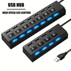7 Port with LED Light USB 2.0 Adapter Hub with Independent Power on Off for Computers Tablets Laptops Supports Data Transmission